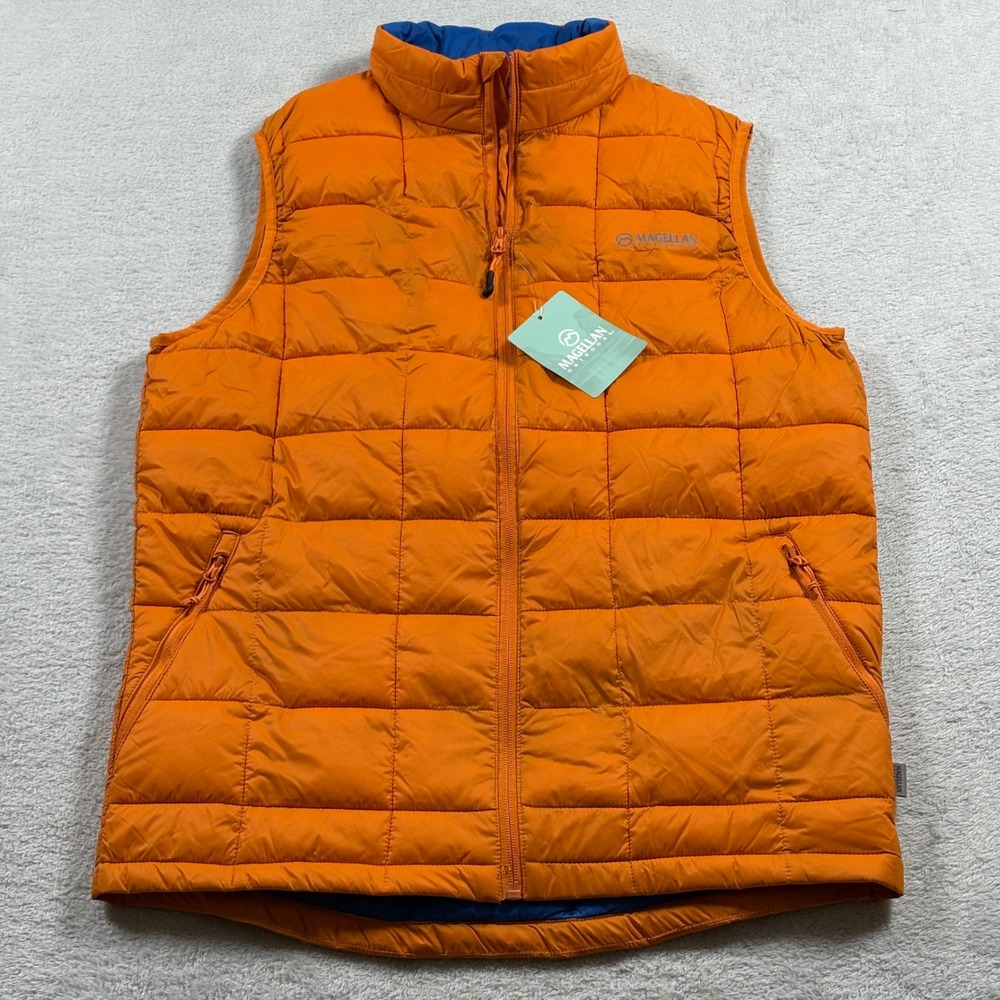 Magellan Outdoors Mens Lost Pines Puffer Vest Quilted Orange Blue Small
